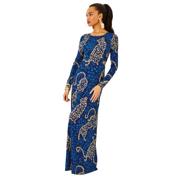 Lilly Pulitzer Dresses & Skirts - Lilly Pulitzer Stirling Long Sleeve Maxi Dress Blue Leopard Print Side Cut Out